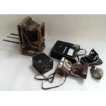 A Coronet box camera, Ilford Sporti 4 35mm camera in case, a Compur bellows camera,