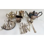 A mixed collection of EPNS and plates wares including teaspoons, teapot and milk jug, tankard,
