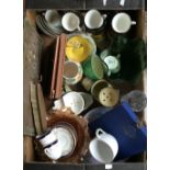 A box of mixed ceramics including Torquay ware, cut glass and various coffee cans,