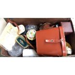 Vintage laundry box, cut glass, leather clock boxes, Ever Ready Razor in box,