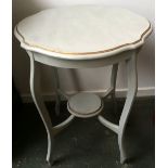 A light grey painted sidetable with undershelf and gold trim,