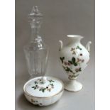 A Wedgwood 'Wild Strawberry' urn vase, 21cmH, together with a pot and lid,