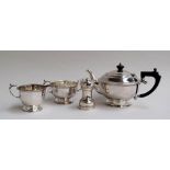 Late 19th century silver plate teapot, sugar bowl, and milk jug, marked to base 'Mappin & Webb,