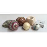 A box of mixed items to include a studio pottery paperweight; a Victorian ceramic indoor bowl?;