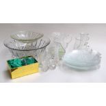 A quantity of cut glassware including a set of sideplates shaped as fish, two jugs, a cake stand,