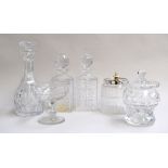 A pair of square based lead crystal decanters, 9x9x23cmH, and a round lead glass crystal, 27cmH,