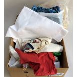 Box of unfinished tapestry pieces and dressmaking bits,