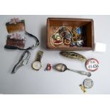 A mixed box of wrist watches, jewellery, medals, enamel badges, London Transport drivers badge no.