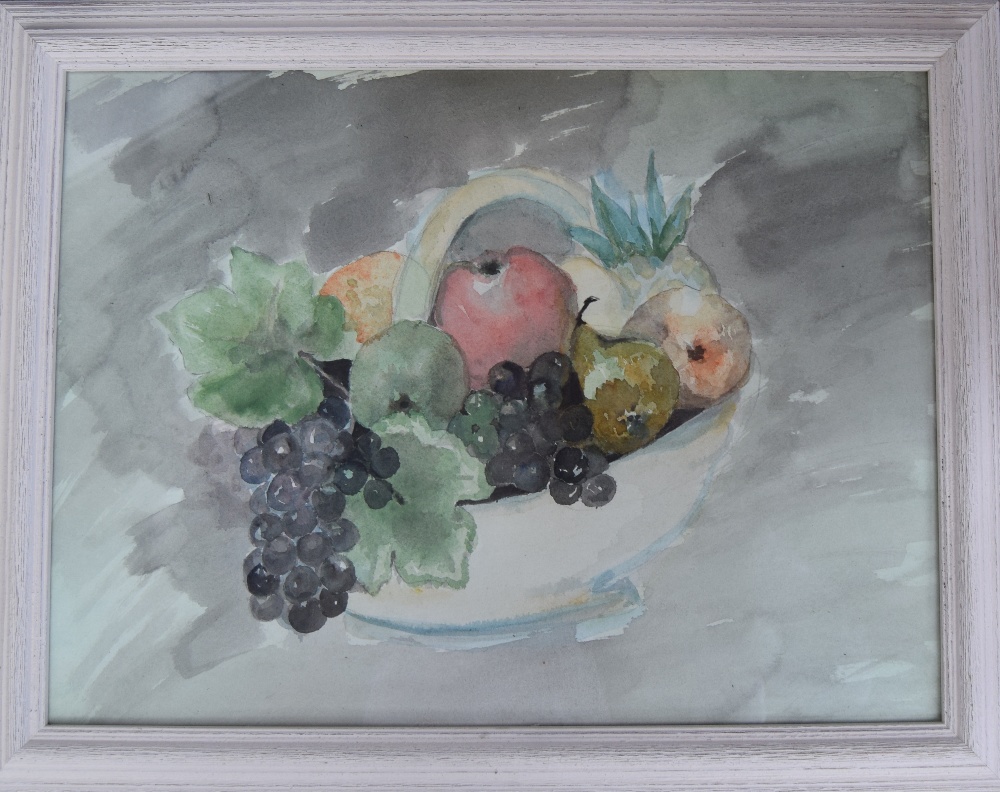 Still life of a fruit bowl, watercolour, framed and glazed, 36.