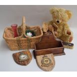 A mixed lot to include a coloured glass vase and bowl, wicker baskets,