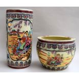 A tall Chinese vase or umbrella stand, depicting traditional Asian ornaments and scenes, 46cmH,