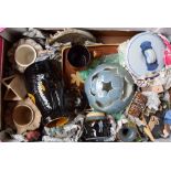 A box of studio pottery including a large jug