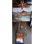 A small Reeves portable easel together with a wooden box of oil paints and a Reeves palette knife