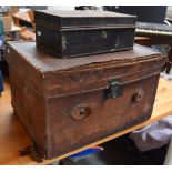 A small metal deed box containing four hand lines and some lead weights,