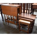 A small oak gateleg table raised on turned legs, 60x31x75cmH, along with a nest of three tables,