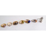 Five 9ct gold rings with various gem stones and two silver rings (7)