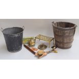 A mixed lot to include a vintage metal ash bucket, copper braced oak pail,