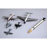 A collection of Dinky Toys aeroplanes, including; 702 Comet, 736 Hawker Hunter, a Meteor,