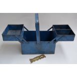 A blue painted metal workbox with fold out trays,