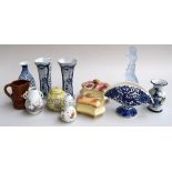 A mixed lot of ceramics including a Delft square trumpet shaped vase, and another similar vase,