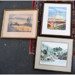 Three pictures: A watercolour of the London skyline,
