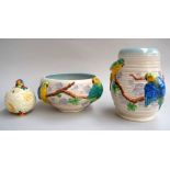 A mid-century Clarice Cliff parrot pattern vase and bowl, having raised decoration, the vase 21cmH,