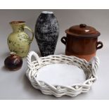 A box of assorted ceramics including a large casserole, vase, jug,