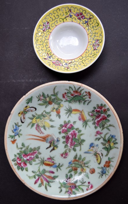 A 19th century Chinese celadon famille rose enamelled plate, hand decorated with butteryfly,