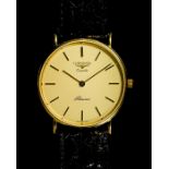 A GENTLEMAN’S 9CT GOLD LONGINES PRESENCE WATCH CIRCA 1980, gold dial with gold batons and gold hands