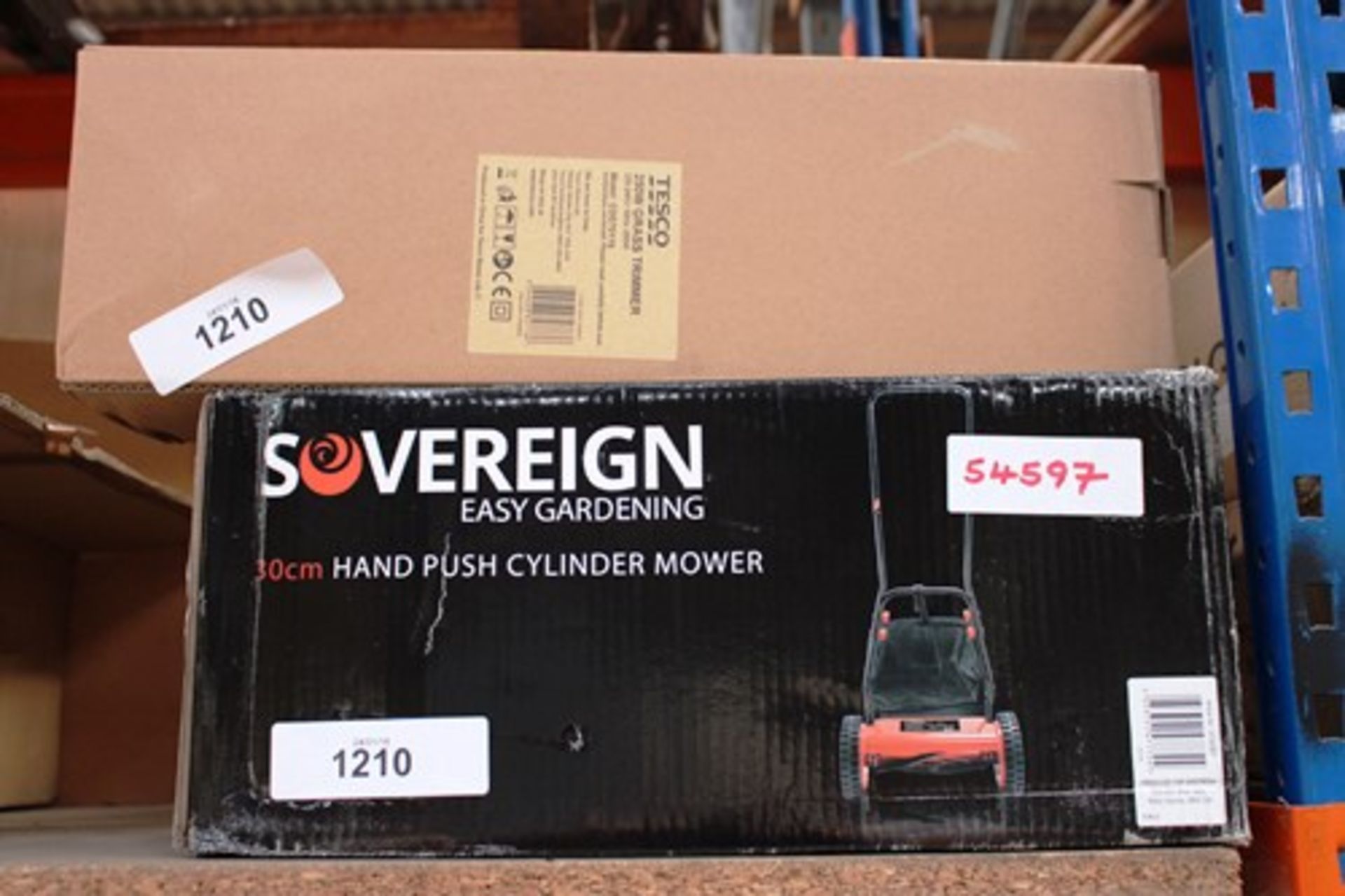 A Tesco 250W grass trimmer and a Sovereign 30cm hand push cylinder mower - New in box (GS15)