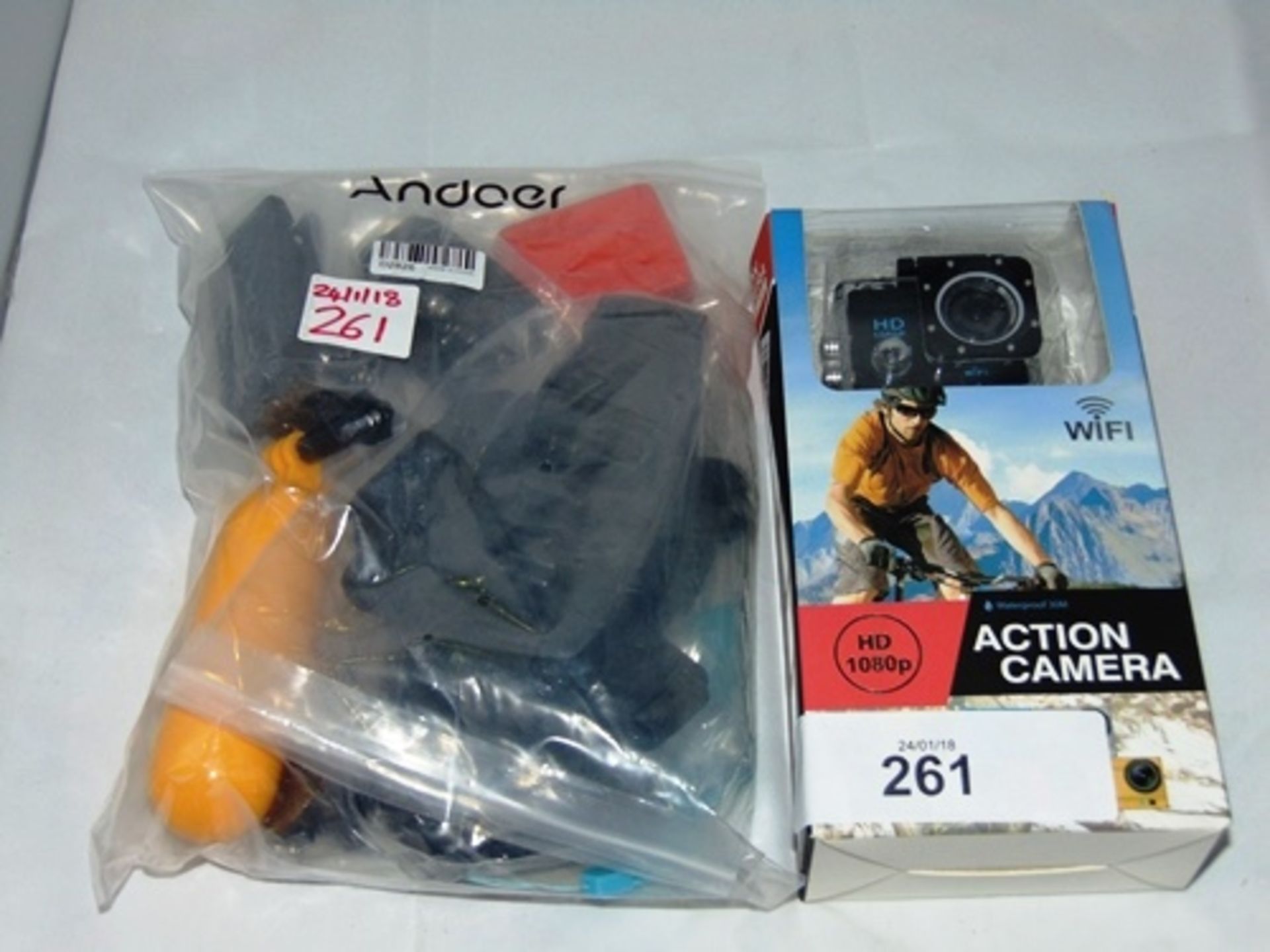 1080P Action camera, 2" screen, waterproof to 30m, 12 mega pixels, 30 FPS, 120 degree lens. Together