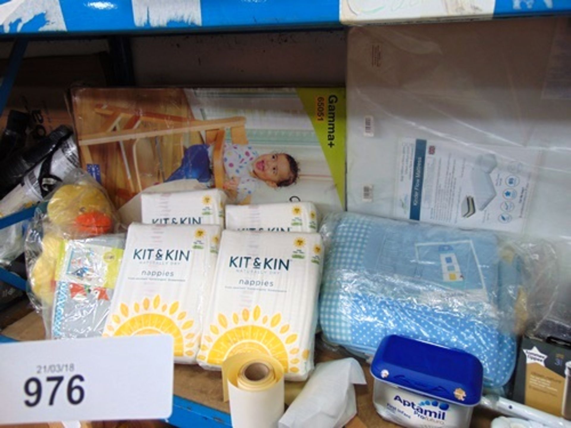 A shelf of baby items including kit & kin nappies, ingenuity cradling bouncer, Gamma and highchair - Image 2 of 2