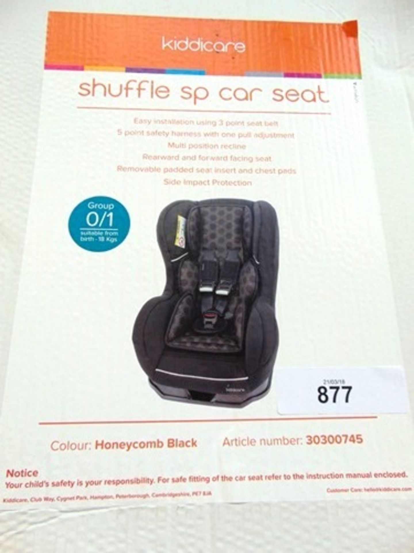 A Kiddicare Shuffle SP car seat, honeycomb black, article number 30300745 - New in box (Bay15)