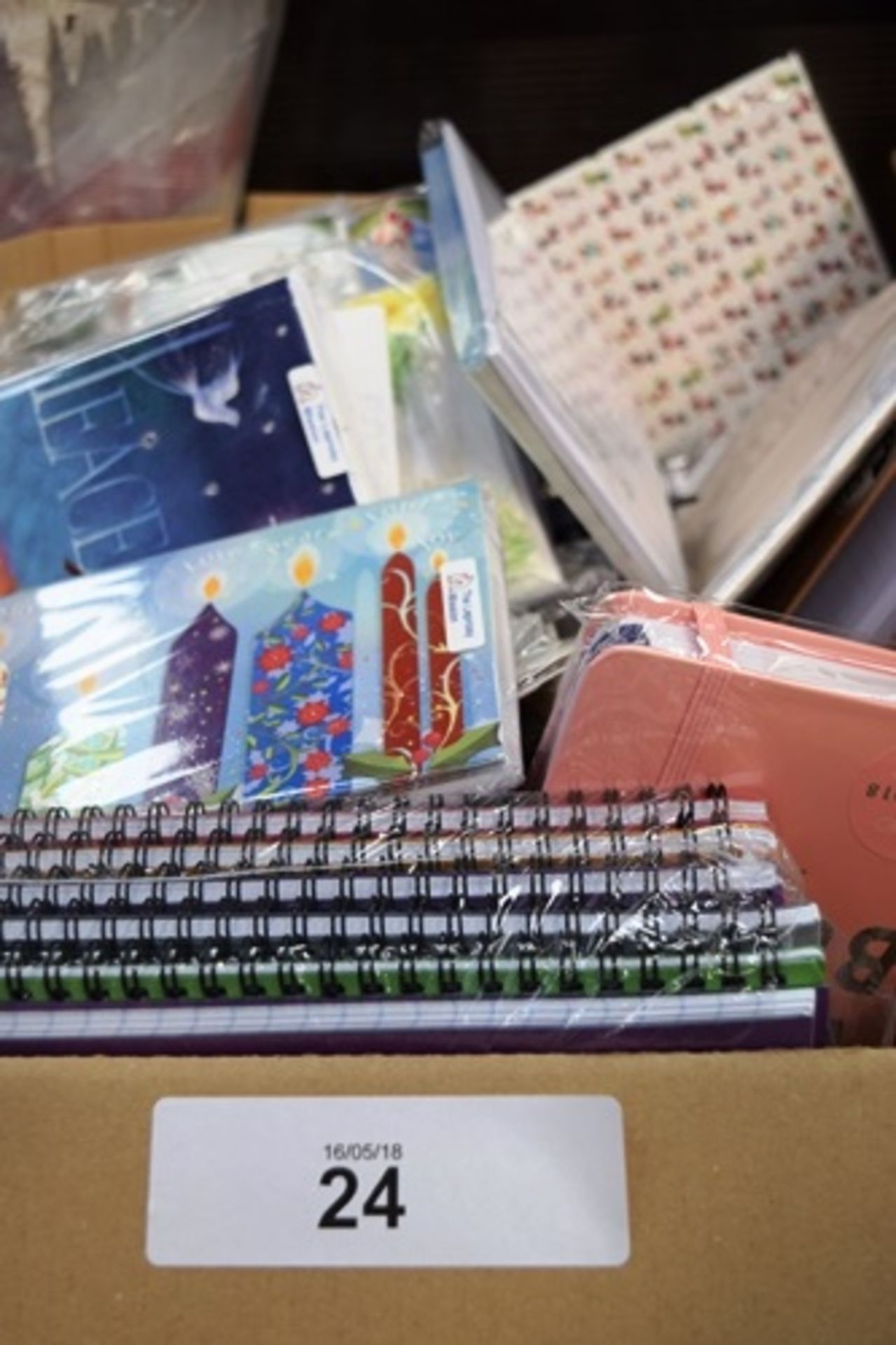 A box of assorted stationery including lined pads, notelets, cards etc.