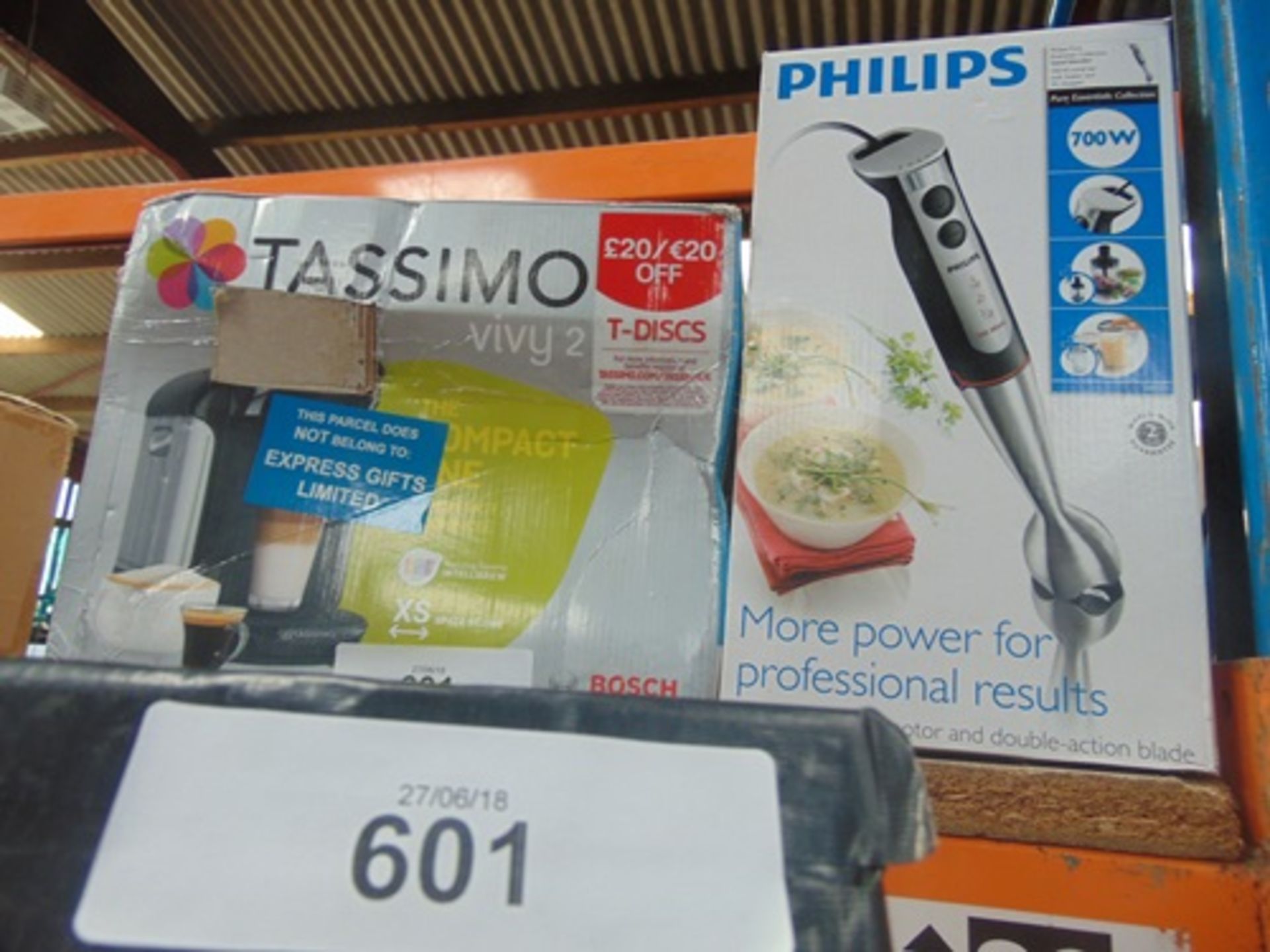 A Tassimo Vivy2 coffee machine together with a Philips 700W hand held blender - Condition - Mixed (