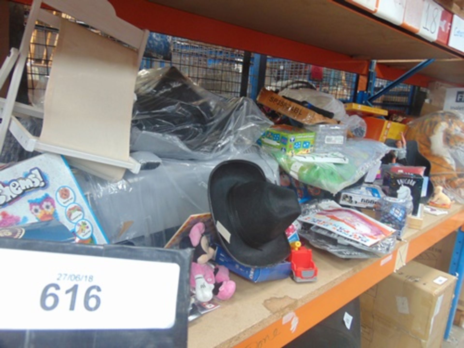 A shelf of children's toys including large plush tiger, Electric Audi car, board games, pogo stick - Image 2 of 2