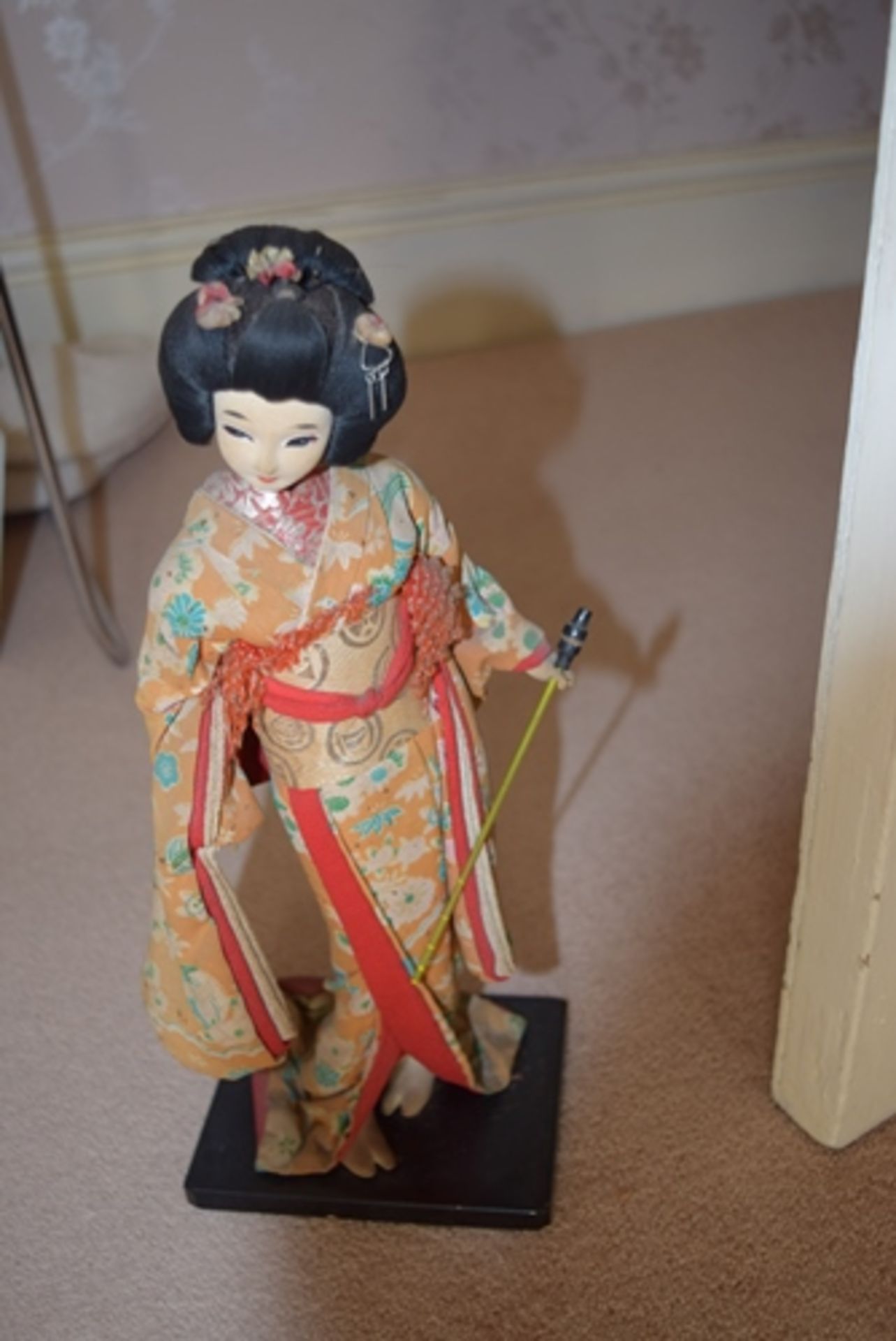 Japanese traditional lady doll in original condition, dressed in kimono and on a stand. Approx 15"-