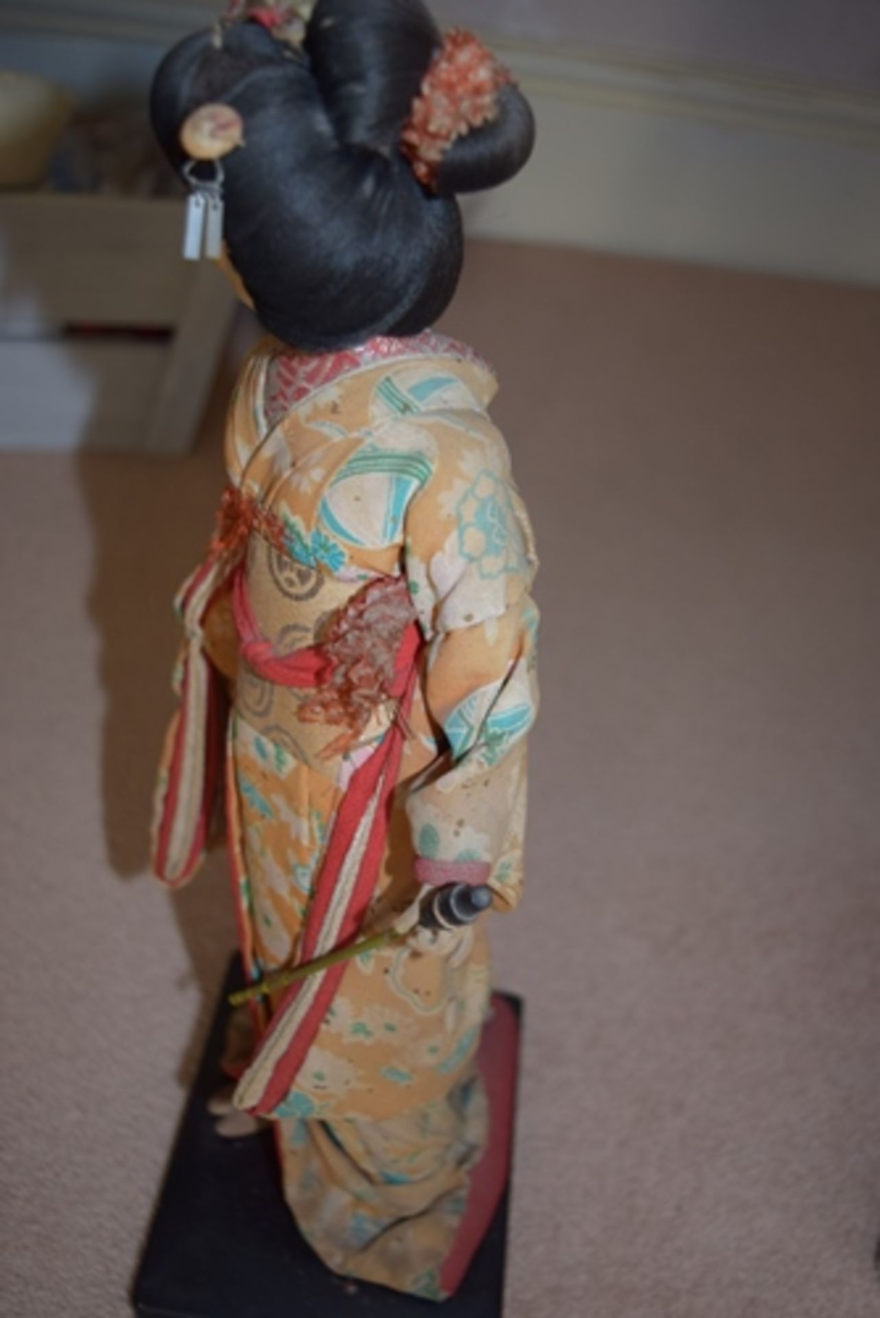 Japanese traditional lady doll in original condition, dressed in kimono and on a stand. Approx 15"- - Image 3 of 4