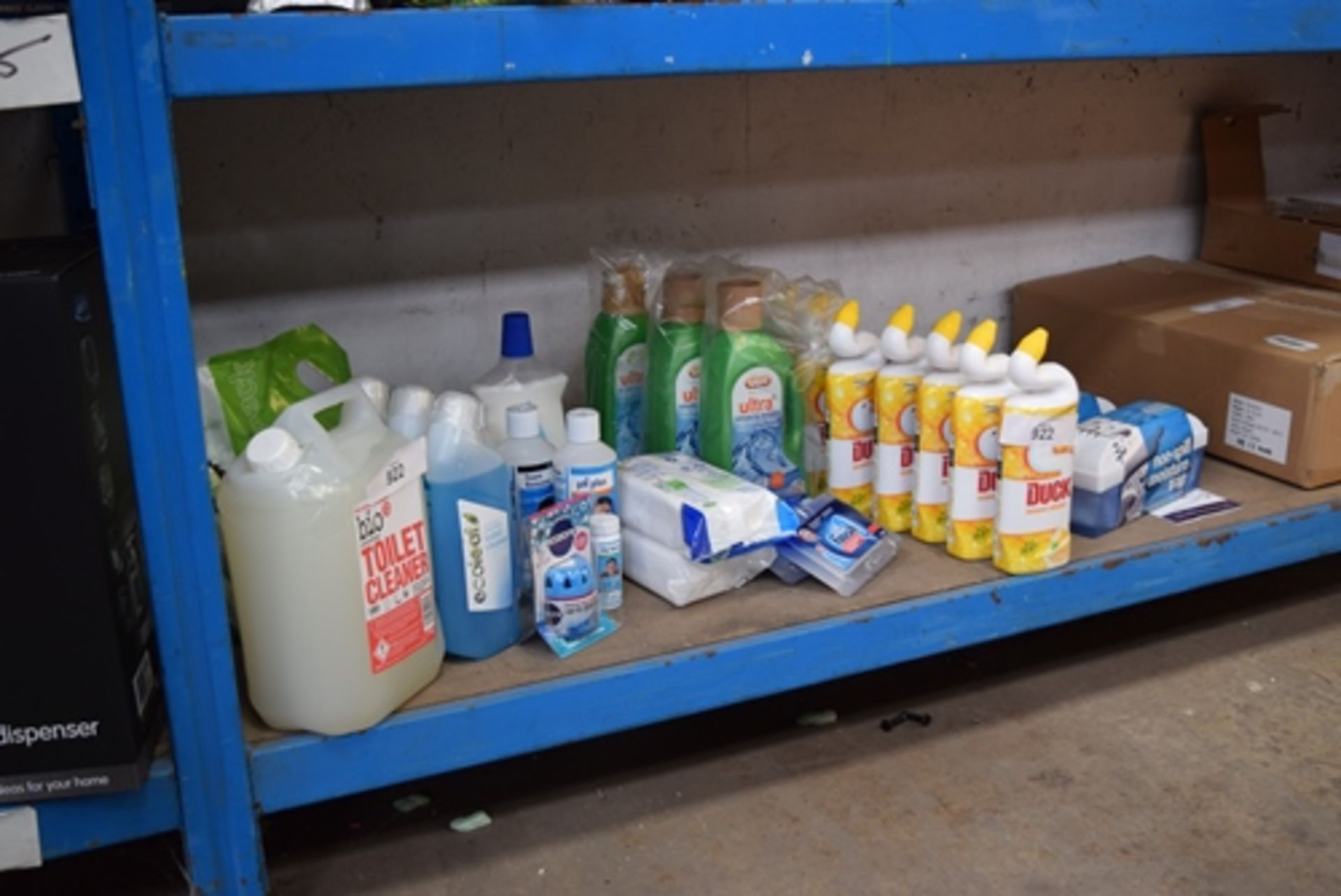 A lot of cleaning products including Toilet Duck, moisture traps, toilet cleaner, carpet cleaner