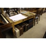 A large pine square top table, fitted single drawe