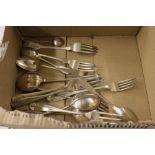 A box containing silver plated cutlery; two silver