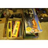 Two boxes containing various OO railway Hornby tra