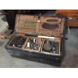 A large pine toolbox and contents of tools