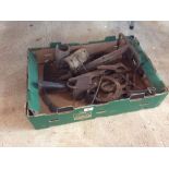 A box of various old iron hand tools etc.