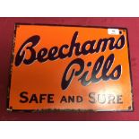 An old enamel sign "Beecham's Pills Safe and Sure", 38cm x 28cm