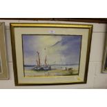 A watercolour study depicting moored fishing boats