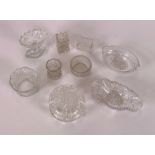 A cut glass powder bowl and cover; a cut glass pedestal salt; various small glass dishes etc., (9)