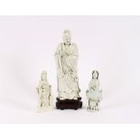 A Chinese blanc de chine figure of a scholar, raised on a hardwood stand, 44cm high overall, AF; a