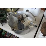 An aluminium preserve pan, glass jugs, Cruet items