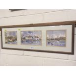 A set of three framed prints depicting scenes of W